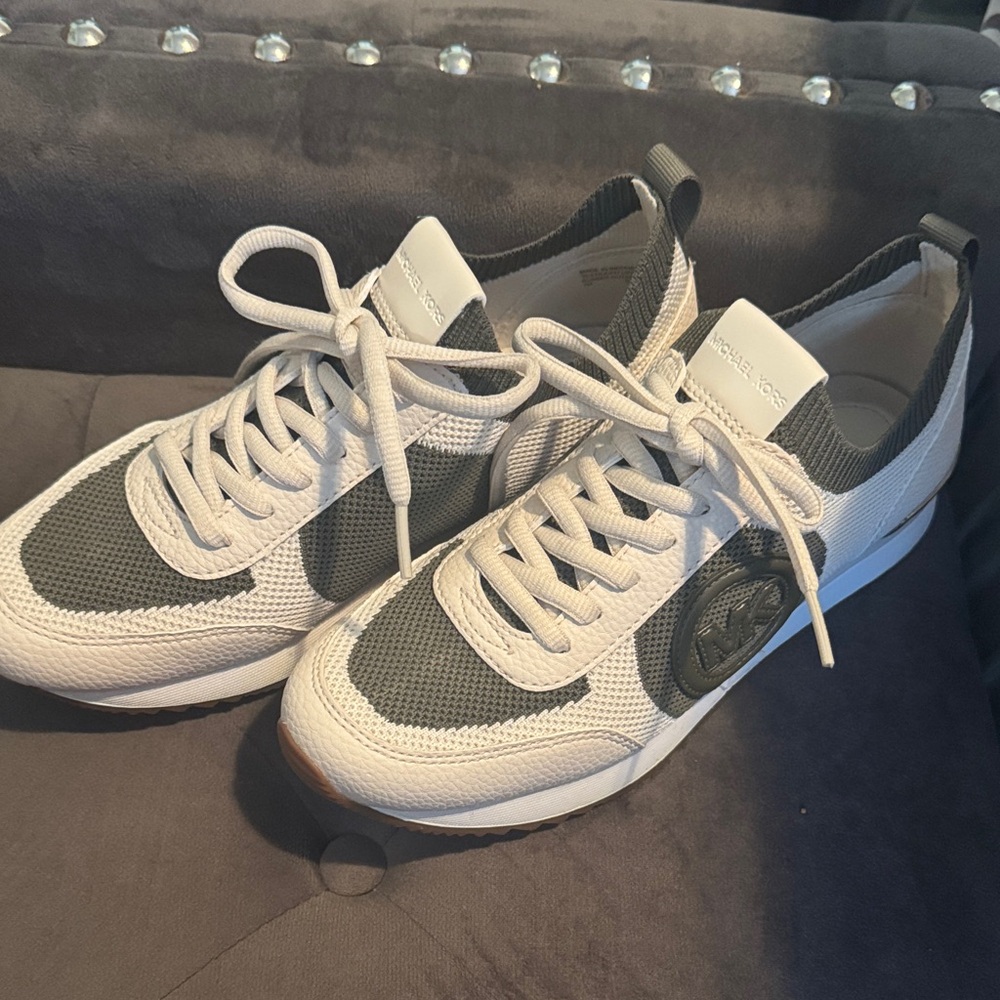 Michael Kors Beige and Olive Knit Lace-Up Sneakers - Picture 8 of 9